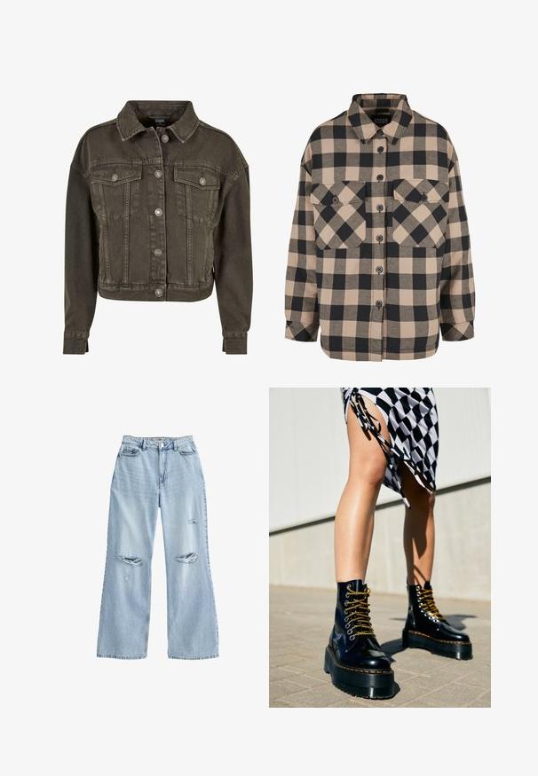 Forkortet denimjakke i mørkegrå med to brystlommer, sølvfarvede knapdetaljer og klassisk krave. Blødt, tekstureret stof.; Rutet flannel skjorte i beige og mørkegrå. Har en knap-ned front, to brystlommer og en nedfoldet krave. Løs pasform.; Lyseblå, vide jeans i denim med slidte revner på lårene, høj talje og standard fem-lomme design.; Sorte læder platform støvler med chunky såler, guld snørebånd og orange syninger, kombineret med en ternet nederdel med en sideslids.
