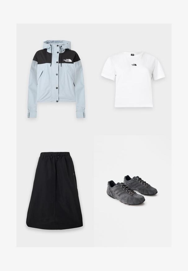Veste imperméable bleu clair avec une partie supérieure noire, fermeture éclair et à boutons-pression, capuche ajustable et poches latérales. Marque "Dryvent".; T-shirt en coton blanc à manches courtes, col rond, avec un logo noir The North Face sur la poitrine. Design simple et épuré.; Jupe trapèze noire avec ceinture élastique et cordon de serrage ajustable, longueur genou, design uni avec poches latérales.; Baskets de sport en suède noir avec une surface texturée, un design arrondi et des semelles en caoutchouc. Elles sont dotées de lacets et de rayures horizontales sur les côtés.