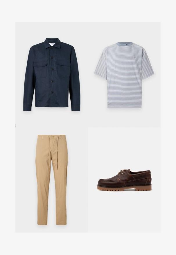 Veste chemise bleu marine en tissu léger, dotée d'un bouton sur le devant, de deux poches poitrine et d'un col pointu. Texture lisse.; T-shirt à rayures bleu clair et blanc, avec un col rond et des manches courtes. Confectionné dans un tissu doux avec une coupe décontractée.; Pantalons en coton beige clair avec une taille à cordon de serrage, coupe fuselée, poches standard et fermeture à bouton à l'avant. Texture lisse.; Bateau en cuir marron avec des détails de couture, design à lacets et semelle en caoutchouc robuste avec des crampons texturés pour une meilleure adhérence.