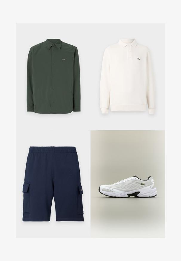 Chemise à manches longues vert foncé en tissu lisse avec un col boutonné et un logo discret sur la poitrine gauche.; Polo-shirt à manches longues en crème pâle en tricot texturé, avec une patte de boutonnage à trois boutons et un logo brodé vert sur la poitrine.; Shorts cargo bleu marine en tissu doux, dotés d'une ceinture élastique, de deux poches latérales et d'un petit logo sur la poche gauche.; Baskets de sport blanches avec un dessus en mesh texturé, un design courbé et une semelle noire contrastante. Présente un logo brodé vert sur le côté.