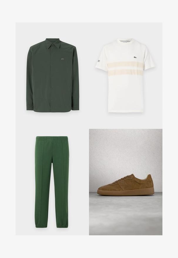 Camisa de manga larga verde oscuro hecha de una tela suave, con cuello abotonado y un logo sutil en el lado izquierdo del pecho.; Camiseta de algodón blanca con dos franjas horizontales beige, pequeño logo bordado en el pecho y cuello redondo. Mangas cortas.; Pantalones de chándal verdes hechos de una tela suave; cuentan con una cintura elástica, perneras ajustadas y un pequeño logo en el lado.; Zapatilla deportiva de ante marrón con cordones color beige y suela de goma. Presenta una puntera redondeada y detalles cosidos en la parte superior. Diseño ligero.