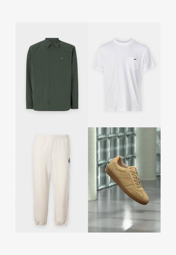 Chemise à manches longues vert foncé en tissu lisse avec un col boutonné et un logo discret sur la poitrine gauche.; T-shirt en coton blanc avec un col rond et des manches courtes. Il présente une poche sur la poitrine gauche et un petit logo Lacoste vert.; Pantalon de jogging beige clair en coton, doté d'une taille élastique, de poignets en côtes et d'un logo vert avec un design de feuille sur la jambe gauche.; Baskets beiges en daim avec semelle en gomme, design à lacets, flottant à l'intérieur sur un sol en béton poli près d'un mur en blocs de verre.