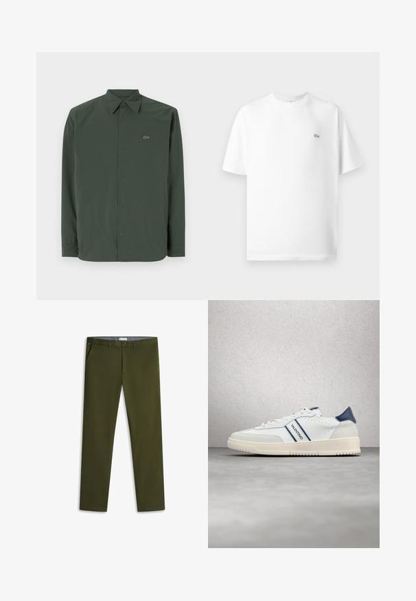 Chemise à manches longues vert foncé en tissu lisse avec un col boutonné et un logo discret sur la poitrine gauche.; T-shirt en coton blanc avec col rond et manches courtes. Présente un petit logo lacoste noir sur le côté gauche de la poitrine.; Pantalon chino slim vert olive avec bouton et fermeture éclair à l’avant, poches latérales et passants pour ceinture, posé à plat sur fond blanc.; Baskets en cuir blanc avec accents navy, comprenant un bout texturé, des détails perforés et une semelle en caoutchouc épaisse. Logo sur le côté.