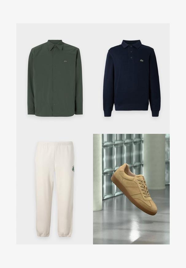 Camisa de manga larga verde oscuro hecha de una tela suave, con cuello abotonado y un logo sutil en el lado izquierdo del pecho.; Camisa polo de manga larga azul marino con tapeta de botones y pequeño logo de cocodrilo verde en el pecho.; Pantalones de chándal de color beige claro, hechos de algodón, con una cinturilla elástica, puños acanalados y un logo verde con diseño de hoja en la pierna izquierda.; Zapatilla beige de ante con suela de goma, diseño con cordones, flotando en interiores sobre suelo de hormigón pulido cerca de pared de bloques de vidrio.