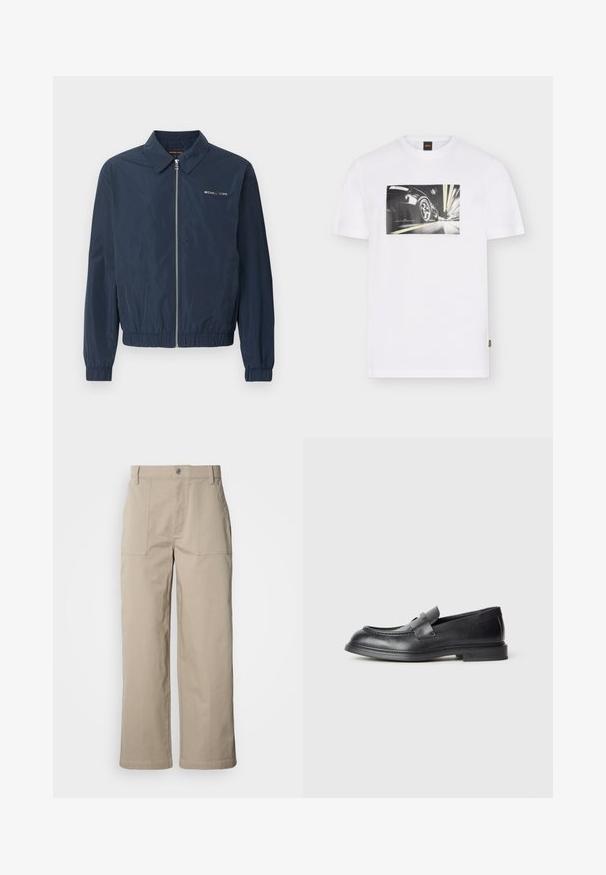 Veste zippée bleu marine Michael Kors avec col, poignets et ourlet élastiques, et logo sur le côté gauche de la poitrine.; T-shirt blanc avec un graphisme en noir et blanc d'une roue de voiture en mouvement sur une route la nuit avec des traînées lumineuses.; Pantalon beige à jambes larges en coton ; doté de poches plaquées à l'avant, d'une fermeture à bouton et de coutures visibles le long des ourlets.; Mocassins en cuir noir avec une finition texturée, dotés d'une bride décorative à l'avant et d'un bout arrondi. Semelle en caoutchouc pour plus de durabilité.