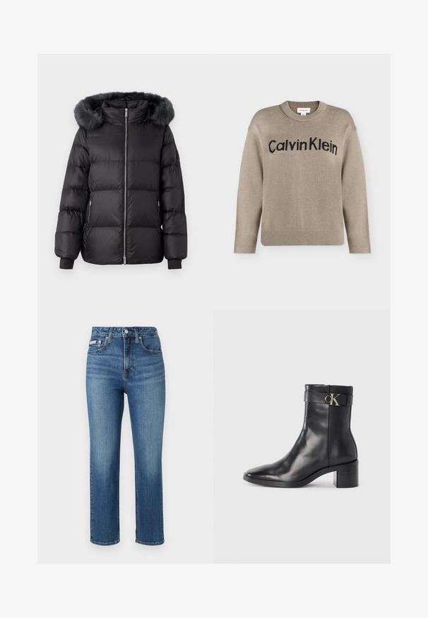 Chaqueta de plumas negra con capucha forrada de piel sintética, diseño acolchado, cremallera frontal y puños acanalados. Textura suave y forma aislante.; Jersey de punto beige de manga larga con puños y bajo acanalados, con el logo "Calvin Klein" en negro en el pecho.; Jeans azules de talle alto hechos de mezclilla, con un diseño de pierna recta, estilo de cinco bolsillos y un sutil desgaste en los muslos y las rodillas.; Bota de tobillo de cuero negra con punta afilada, tacón cuadrado y una correa con un detalle de logo metálico. Textura suave y diseño minimalista.