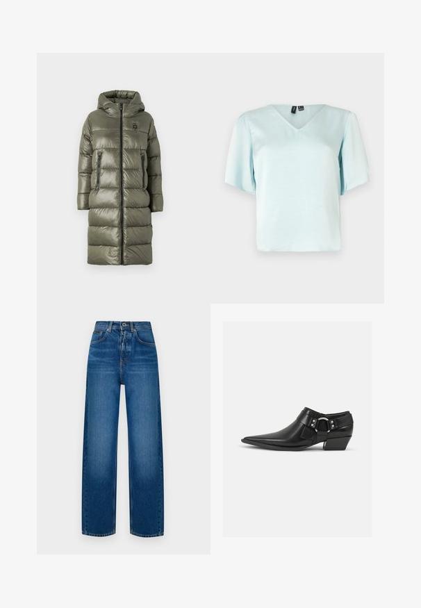 Blauer MARTHA - Wintermantel - verde pigna; Helles blaues V-Ausschnitt-Blusenshirt mit kurzen Puffärmeln, aus glattem Stoff gefertigt, mit lockerer Passform und ohne sichtbare Muster oder Verzierungen.; Weite, hellblau gefärbte Denim-Jeans. Verfügt über einen Knopfverschluss, ein klassisches Fünf-Taschen-Design und eine weiche, strukturierte Oberfläche.; Schwarze Leder-Ankle-Boots mit spitzem Zeh, ausgestattet mit einem vorderen Leder-Riemen und einem silbernen Schnallendetail sowie einem niedrigen Blockabsatz.