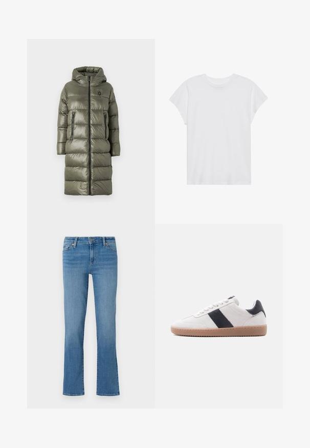 Blauer MARTHA - Manteau d'hiver - verde pigna; T-shirt blanc à manches courtes, col rond, coupe décontractée, en tissu de coton doux. Texture lisse, sans motifs ni logos.; Jean en denim bleu clair avec une coupe droite, design à cinq poches et fermeture à bouton. Texture douce avec de subtils effets de délavage.; Baskets en daim blanc avec semelle en caoutchouc marron clair et bande en cuir noir ainsi que un onglet au talon, vues de côté sur un fond blanc.