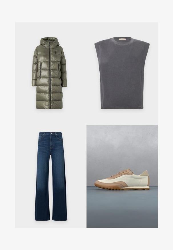 Blauer MARTHA - Wintermantel - verde pigna; Graues ärmelloses Top mit Rundhalsausschnitt. Weicher, strukturierter Stoff mit minimalen Nähten, breite Schultern und lockere Passform.; Jeans mit weitem Bein aus dunkelblauem Denim. Verfügt über eine hohe Taille, fünf Taschen, dezente Waschungen und Nahtakzente entlang der Nähte.; Beige-weißer Sneaker mit einer strukturierten Oberseite, Schnürsenkeln und einer Gummisohle, präsentiert über einer Holzfläche mit Kieselsteinen.