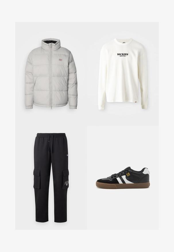 Veste matelassée grise avec un col haut, une fermeture éclair et des poignets élastiques. Elle présente un design matelassé et une petite patch logo sur la poitrine.; Sweatshirt blanc à manches longues en ribet, présentant un logo noir "DICKIES" avec "SINCE '22" en dessous, col rond et manches à poignets.; Pantalons cargo noirs en tissu doux, dotés de deux poches latérales, d'une taille élastique et d'un logo sur la jambe gauche.; Baskets noir et blanc avec une tige en daim et en cuir, présentant des rayures blanches, des lacets noirs et une semelle en caoutchouc marron. Accents de logo dorés.