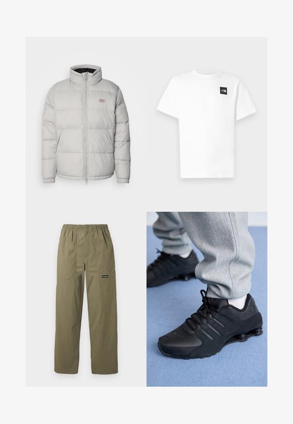Veste matelassée grise avec un col haut, une fermeture éclair et des poignets élastiques. Elle présente un design matelassé et une petite patch logo sur la poitrine.; T-shirt en coton blanc à manches courtes, avec un logo carré noir sur le côté gauche de la poitrine et un col rond.; Pantalon droit couleur vert olive avec taille élastique, poches plaquées avant, fermeture par bouton, et logo Columbia sur la poche droite.; Personne portant des baskets Nike Shox noires et un pantalon de survêtement gris, debout sur un tapis bleu clair.
