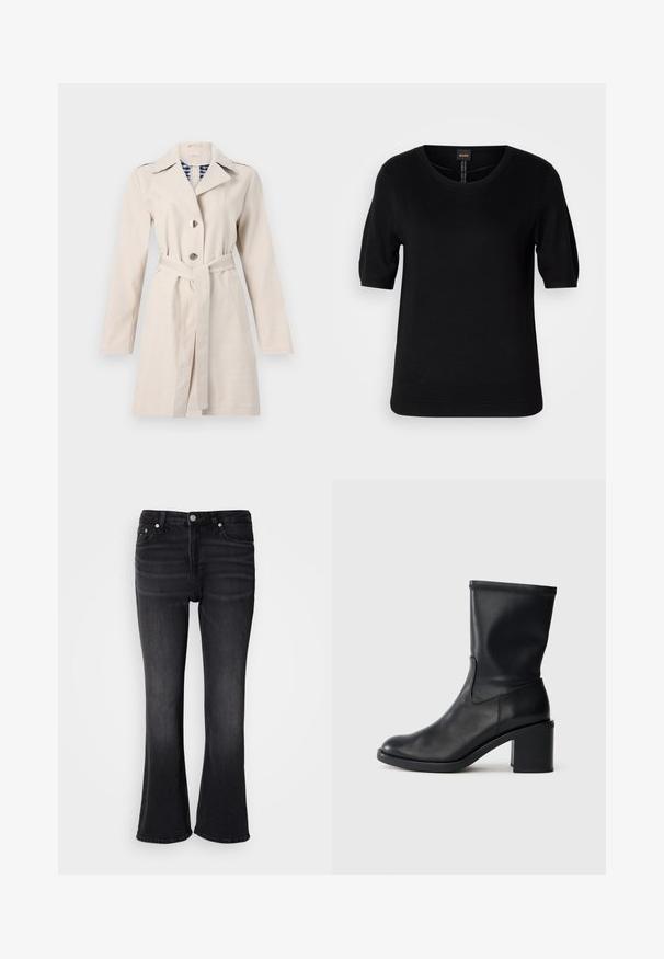 Gabardina beige con cuello muesca, frente de doble botonadura y cinturón en la cintura. Presenta un forro de cuadro y una textura de tela suave.; Top de punto negro de manga corta con cuello redondo, dobladillo acanalado y textura sutil, con una etiqueta de logo en el centro en la parte posterior.; Jeans de denim negro con cinco bolsillos, cierre de botón y cremallera, y piernas ligeramente acampanadas sobre un fondo blanco liso.; Botín negro de cuero hasta el tobillo con punta redonda, textura suave y tacón grueso, que presenta un eje ajustado y un sutil detalle de costura.