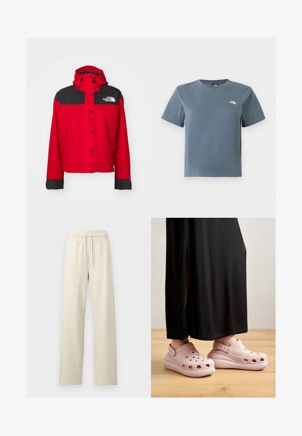 Veste imperméable rouge avec un panneau supérieur noir, capuche réglable et fermetures à pression. Présente le logo sur la poitrine et des poignets élastiques.; T-shirt gris-bleu à manches courtes avec col rond, petit logo blanc The North Face sur le côté gauche de la poitrine, présenté sur un fond blanc.; Pantalon de jogging beige à jambes larges avec taille côtelée à cordon et logo subtil sur la cuisse droite, présenté sur un fond uni.; Sabots rose clair avec des trous de ventilation, une semelle épaisse et une sangle arrière, associés à une longue jupe noire et un fond en bois.
