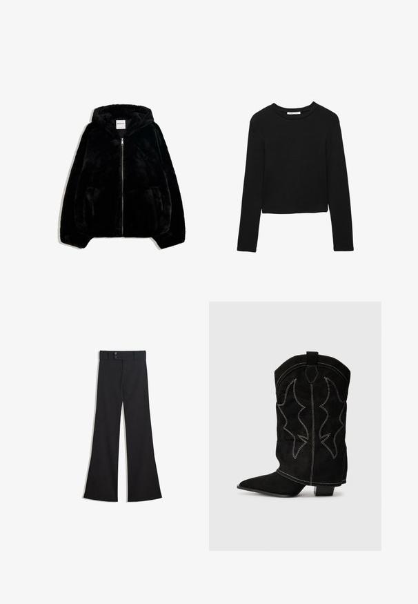 Schwarze Kunstfelljacke mit Reißverschluss vorne, Kapuze und Seitentaschen. Sie verfügt über eine glatte Textur und eine lockere Passform für zusätzlichen Komfort.; Schwarz, langärmliges, cropped T-Shirt aus weicher Baumwolle mit klassischen Rundhalsausschnitt und lässiger Passform. Keine sichtbaren Muster oder Akzente.; Schwarze High-Waist-Hose mit weitem Bein, doppeltem Knopfverschluss am Bund und vorderlichem Reißverschluss, flach auf weißem Hintergrund präsentiert.; Schwarze Wildleder-Cowboyboots mit spitzem Zeh, niedrigem Absatz und dekorativer weißer Naht, die ein flammenartiges Muster am Schaft aufweist.
