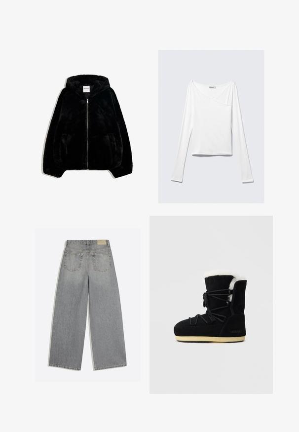 Veste en fausse fourrure noire avec zip sur le devant, capuche et poches latérales. Présente une texture lisse et une coupe décontractée pour le confort.; Haut blanc à manches longues avec un design croisé et une poche. Fabriqué dans un tissu lisse et extensible. Coupé dans une coupe décontractée et ample.; Jean en denim gris à jambes larges montrant l'arrière avec deux poches et des passants de ceinture, posé à plat sur fond blanc.; Botte en suede noire avec une doublure en fourrure blanche, présentant un laçage à l'avant, un support de cheville rembourré et une semelle en caoutchouc pour l'adhérence.
