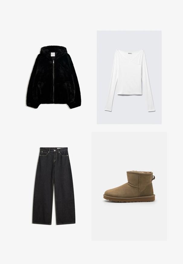 Schwarze Kunstfelljacke mit Reißverschluss vorne, Kapuze und Seitentaschen. Sie verfügt über eine glatte Textur und eine lockere Passform für zusätzlichen Komfort.; Weißes Langarmoberteil mit einem Überlappungsdesign und einer Tasche. Hergestellt aus einem glatten, elastischen Material. In einem lässigen, entspannten Schnitt.; Schwarze weit geschnittene Jeans aus Denim mit hoher Taille, fünf Taschen, Kontrastnähten und einem Knopfverschluss. Glatte Textur mit klassischem Schnitt.; Braune Wildleder-Ankle-Boots mit einem weichen, flauschigen Futter, runder Zehe und einer Schleifenakzent am Rücken. Flache Gummisohle mit strukturiertem Griff.