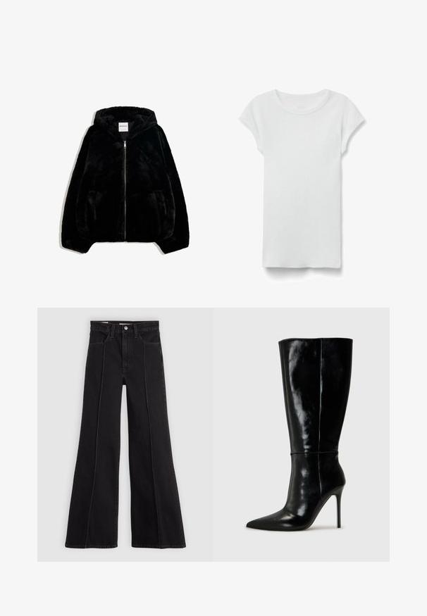 Schwarze Kunstfelljacke mit Reißverschluss vorne, Kapuze und Seitentaschen. Sie verfügt über eine glatte Textur und eine lockere Passform für zusätzlichen Komfort.; Weißes kurzärmeliges, geripptes T-Shirt mit Rundhalsausschnitt, flach auf weißem Hintergrund liegend, zeigt die Vorderseite und einen einfachen, legeren Stil.; Schwarz hohe Taillenweite Jeans mit breitem Bein und Frontnahtdetails, Knopfverschluss, Gürtelschlaufen und frontalen Taschen auf einem schlichten hellen Hintergrund.; Schwarze Leder-Knielange Stiefel mit spitzem Schuh und hohem Stiletto-Absatz. Glatte Textur und elegantes Design, das sich durch minimale Details auszeichnet.