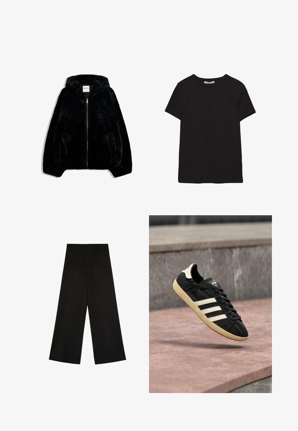 Sort jakke i faux pels med lynlås foran, hætte og sidelommer. Har en glat tekstur og en afslappet pasform for komfort.; Sort kortærmet t-shirt i bomuld med rund halsudskæring, standard pasform og synlig indvendig halsmærkat.; Sorte bukser med brede ben, knap- og lynlåslukning, bæltestropper og frontfolder, lagt fladt på en hvid baggrund.; Sort Adidas sneaker med hvide striber og beige sål, fanget i luften over en stenet overflade og baggrund af en stenmur.