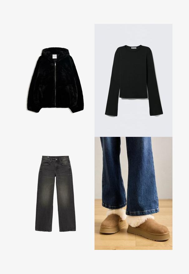 Sort jakke i faux pels med lynlås foran, hætte og sidelommer. Har en glat tekstur og en afslappet pasform for komfort.; Sort langærmet top lavet af blødt stof. Har rund halsudskæring og flared ærmer med cropped kant. Labelen siger "WEEKDAY."; Sorte vidde jeans lavet af denim med en falmet finish. Har fem lommer, en frontlynlås og en knaplukning. Detaljeret stikning som accent.; Brune ruskindssandaler med en tykk lys pelsopfoldning, monteret på en beige platformssål, parret med bredbenede denimjeans.