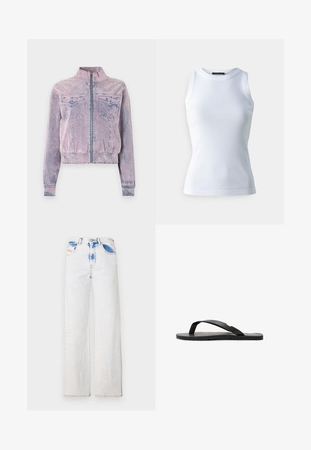 Chaqueta de mezclilla rosa con un cuello alto, cierre delantero, dos bolsillos en el pecho y un acabado texturizado. Diseño cropped con acentos azules.; Top sin mangas blanco hecho de tela acanalada, con un escote redondo y una silueta ajustada. Textura suave, sin patrones ni acentos visibles.; Jeans de tiro alto de color azul claro, de pierna ancha, hechos de denim con un lavado desgastado. Presenta un cierre con botón en la parte delantera, bolsillos estándar y detalles sutiles en desgaste.; Chancla negra con suela plana, plantilla negra texturizada, tiras lisas y un pequeño acento dorado cerca de la parte del dedo.
