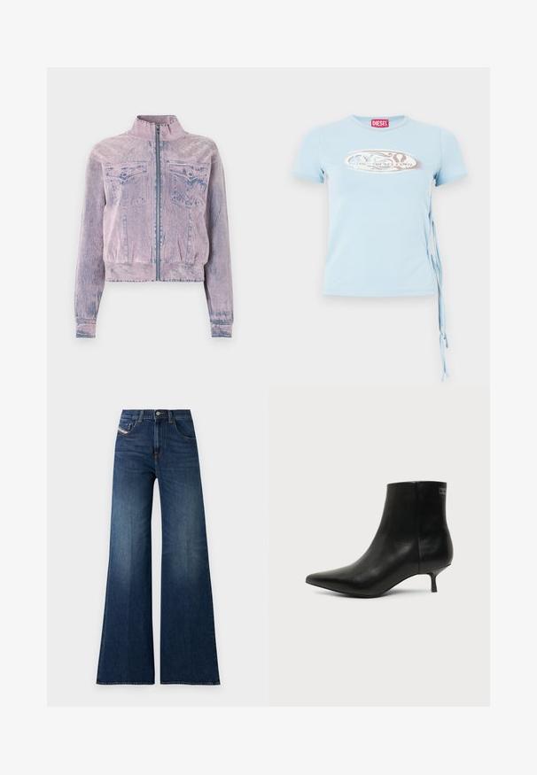 Chaqueta de mezclilla rosa con un cuello alto, cierre delantero, dos bolsillos en el pecho y un acabado texturizado. Diseño cropped con acentos azules.; Camiseta de manga corta azul claro con cuello redondo, lazos en los laterales y una estampación gráfica que presenta el texto "www.diesel.com" en color plata.; Jeans de pierna ancha de talle alto en azul oscuro, con bolsillos delanteros y para monedas, cierre de botón y sutiles detalles de desgastado en los muslos.; Botín de piel negra con puntera puntiaguda y tacón bajo estilo kitten sobre fondo claro, mostrando vista lateral exterior.