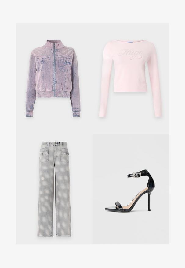 Roze denimjack met hoge kraag, voorrits, twee borstzakken en een gestructureerde afwerking. Verkorte stijl met blauwe accenten.; Lichtroze shirt met lange mouwen en een boothals, voorzien van een "Hugo"-logo in strasssteentjes op de borst. Zachte katoenen stof.; Lichtgrijze denim brede broek met hoge taille, vier zakken en een vervaagd patroon voor een ontspannen pasvorm.; Zwarte sandalen met hoge hak van lakleer en een enkelriempje. Heeft een minimalistisch ontwerp, open teen en een gesp met strass-steentjes.