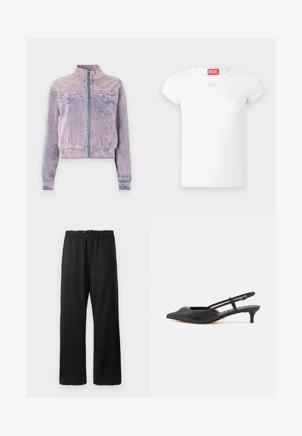 Chaqueta de mezclilla rosa con un cuello alto, cierre delantero, dos bolsillos en el pecho y un acabado texturizado. Diseño cropped con acentos azules.; Camiseta de manga corta blanca para mujer de Diesel con etiqueta de logo roja en el interior del cuello y pequeño emblema bordado rosa debajo del escote.; Pantalones negros con un diseño de pierna ancha, cintura elástica con cordón y tejido suave y ligero. Incluye bolsillos laterales.; Zapatos slingback negros con punta afilada, hechos de material suave, con un pequeño tacón y un acento decorativo plateado en el empeine.