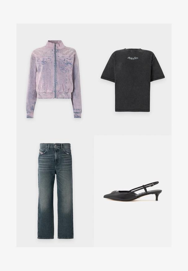 Lyserød denimjakke med høj krave, frontlynlås, to brystlommer og struktureret overflade. Kortskaftet design med blå accenter.; Guess Jeans SCRIPT TEE - T-shirts print - jet black; Mørkeblå lige jeans med en falmet tekstur, fem-lomme design og en lille logodetalje på forsiden lommen.; Sorte slingback-sko med spids tå, lavet af glat materiale, med en lille hæl og en dekorativ sølvaccent på vamps.