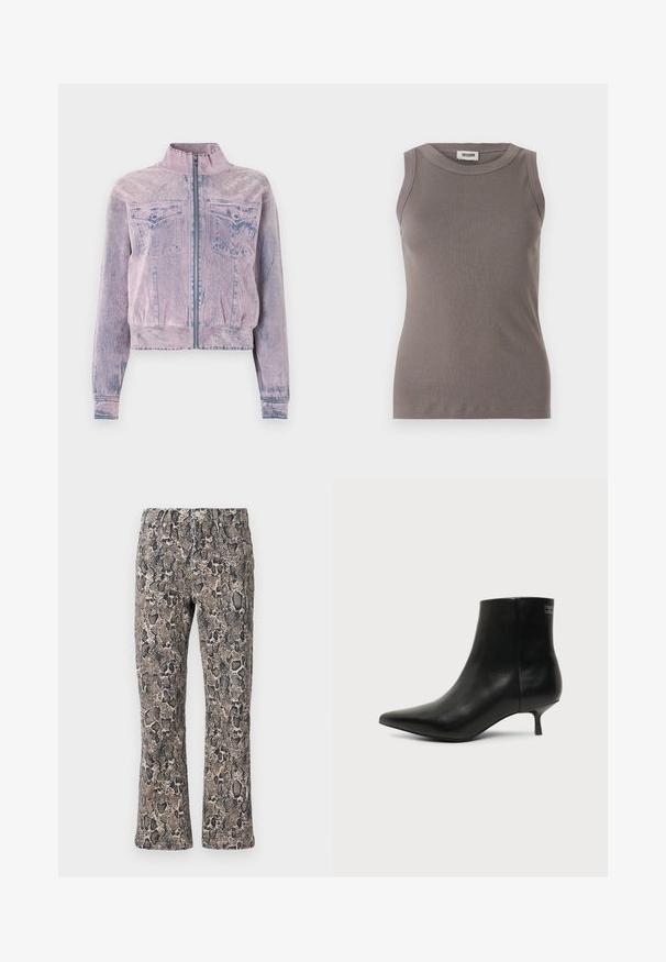 Lyserød denimjakke med høj krave, frontlynlås, to brystlommer og struktureret overflade. Kortskaftet design med blå accenter.; Grå ribbede tanktop med rund halsudskæring og ærmeløs design, lavet af et blødt, tekstureret stof. Enkel, tætsiddende silhuet.; Slangeprint bukser i nuancer af brun og sort, med en afslappet pasform, elastisk talje og tekstureret stof med et skællet mønster.; Sort læder ankelstøvle med spids tå og lav kitten hæl på lys baggrund, der viser yderside.