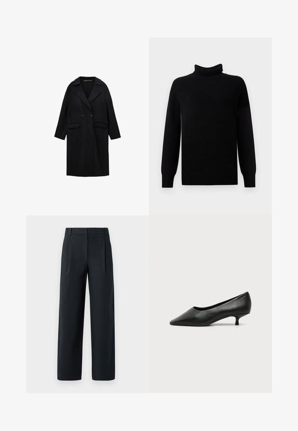 Sort uldblanding frakke med notch-krave, dobbeltknaplukning, to forlommer og 3/4-længde ærmer.; Sort turtleneck sweater lavet af blødt strikmateriale. Har lange ærmer og ribbede detaljer ved kraven, manchetter og kant.; Sorte skræddertræksbukser med lige ben-design, der har frontfolder, en glat tekstur og bæltestropper. Ingen synlige lommer.; Sort lavhælet damesko i læder med spids tå og lille kitten heel på ensfarvet lys baggrund.