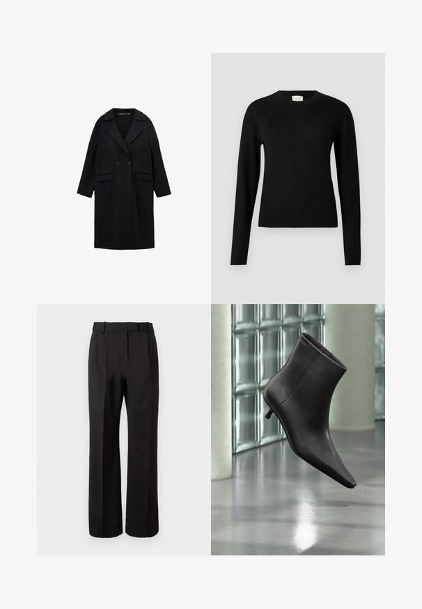 Sort uldblanding frakke med notch-krave, dobbeltknaplukning, to forlommer og 3/4-længde ærmer.; Sort strikket sweater med rund halsudskæring, lange ærmer og en slank pasform, der har en glat struktur og minimal detaljer.; Højtaljede sorte bukser, lavet af glat stof, med en lige ben-design, sidelommer og en flad front med læg.; Sort læderankelstøvle med spids tå og lille hæl vist mod en væg af glasblokke og poleret gulv baggrund.