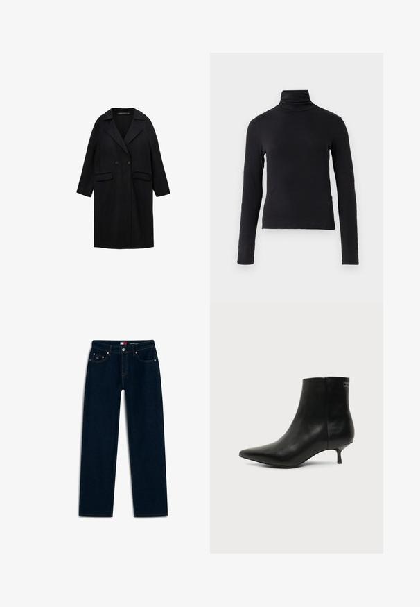 Sort uldblanding frakke med notch-krave, dobbeltknaplukning, to forlommer og 3/4-længde ærmer.; Sort langærmet turtle-neck top lavet af et blødt, strækbart stof. Har høj krave og tætsiddende silhuet uden pynt.; Mørkeblå straight-leg denim jeans med fem lommer og synlige syninger, med et lille logo på forlommerne og mærkat i linningen.; Sort læder ankelstøvle med spids tå og lav kitten hæl på lys baggrund, der viser yderside.