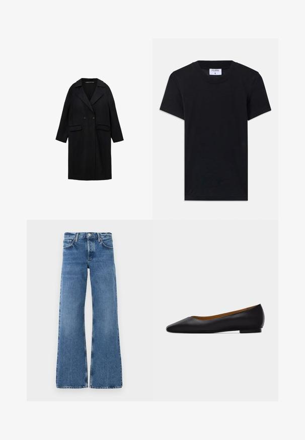 Sort uldblanding frakke med notch-krave, dobbeltknaplukning, to forlommer og 3/4-længde ærmer.; Sort bomulds T-shirt med rund hals, korte ærmer og en afslappet pasform. Etiketten viser "FILIPPA K" ved halsudskæringen.; Bredde ben jeans i blå denim med en falmet vask, frontlommer, en knaplukning og slidte kanter ved benene.; Sort læder flad sko med spids tå, lav hæl og glat finish, vist fra siden på en lysegrå baggrund.