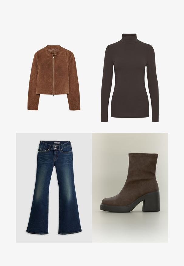 Veste en daim marron avec un col rond, fermeture à glissière sur le devant et manches longues. Le matériau a une texture lisse et mate.; b.young BYPAMILA ROLL - T-shirt à manches longues - java; Jean flare super bas en denim bleu foncé avec poches avant et arrière, fermeture à double bouton et détails décolorés sur les cuisses et les genoux.; Bottine en daim marron avec une semelle plateforme noire épaisse et un talon haut massif sur fond neutre.