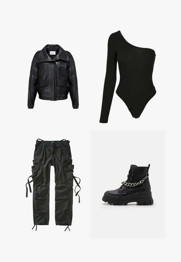 Chaqueta de cuero negro con un diseño estructurado, que incluye un cuello ancho, grandes bolsillos frontales y un cierre delantero con cremallera. Textura suave.; Bodysuit negro de un solo hombro hecho de tela elástica, con una manga larga en un lado, aberturas de pierna de corte alto y un diseño ajustado.; Pantalones cargo negros hechos de un tejido ligero, con múltiples bolsillos, laterales ajustables con cordón y un ajuste relajado con costuras reforzadas.; Botas negras de tobillo hechas de cuero texturizado, con una suela robusta, un detalle de cadena prominente en el costado y cordones redondos.