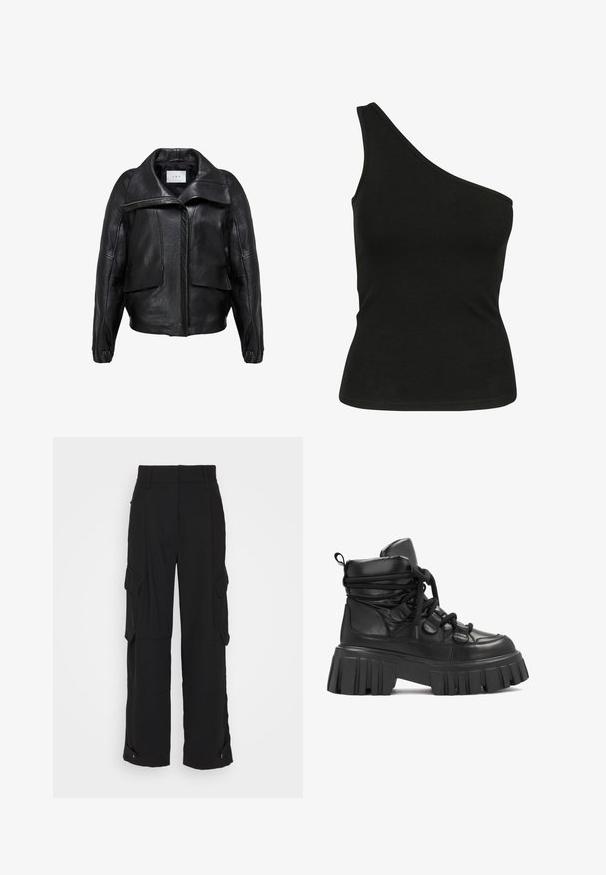 Chaqueta de cuero negro con un diseño estructurado, que incluye un cuello ancho, grandes bolsillos frontales y un cierre delantero con cremallera. Textura suave.; Top de tirantes negro de un solo hombro, confeccionado en tela suave, con una silueta ajustada y un escote limpio y cosido. Sin patrones ni acentos visibles.; DAY Birger et Mikkelsen LANCE CLASSIC GABARDINE - Pantalones cargo - black; Botas negras de tobillo con un collar acolchado, suela de plataforma gruesa y estriada, y cordones de tela. Fabricadas con materiales sintéticos lisos y texturizados.