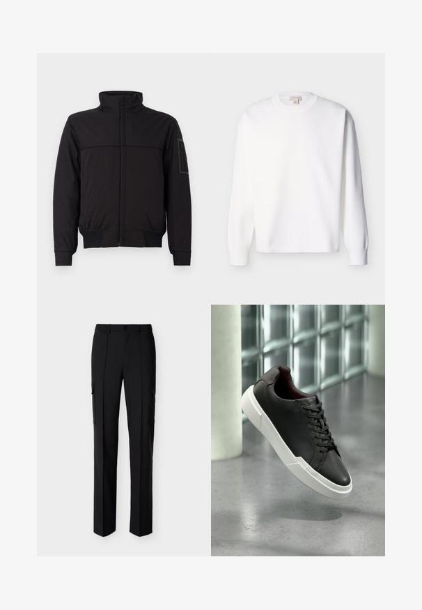 Zwarte jas met een hoge kraag, contrasterend bovenpaneel, elastische manchetten en zoom, en een ritszak op de mouw. Glad stoffen textuur.; Witte katoenen longsleeve trui met een ronde hals en geribbelde manchetten. Eenvoudig ontwerp zonder zichtbare patronen of afbeeldingen.; Zwarte rechte cargobroek met knoopsluiting aan de voorkant en zijflapzakken, weergegeven tegen een witte achtergrond.; Zwarte leren sneaker met dikke witte zool en zwarte veters, zwevend boven een grijze betonnen vloer nabij een glazen blokmuur.