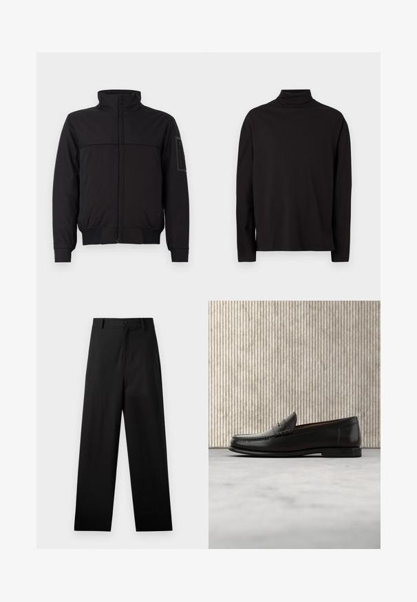 Must mustaga kõrge kraega, kontrastne ülemine paneel, elastsed mansetid ja ääred ning tõmblukuga tasku varrukal. Sile kangatunne.; Mustas turtleneck pikkade varrukatega topp, mis on valmistatud pehmest ja siledast kangast, millel on lõdva istuvus ja nähtamatud mustrid või aktsendid.; Mustriga mustad puuvillased püksid sirge jala disainiga, ees nupuga kinnitamine ja küljetaskud. Sile tekstuur, mustriteta.; Mustast nahast penny loafer madala kontsaga, ümara ninaga ja esikülje ning külgede ümber tikandiga, esitatud neutraalsel taustal.