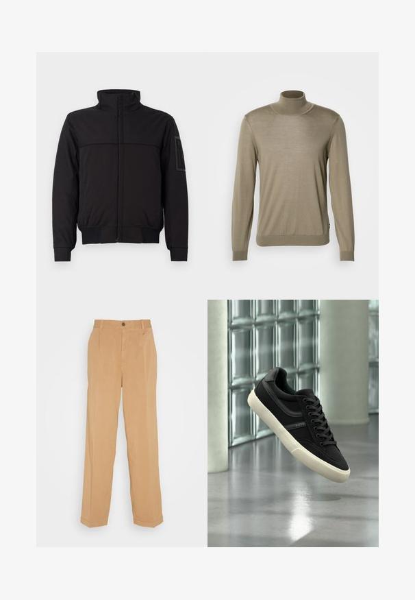 Musta takki, jossa on korkea kaulus, kontrastivärinen yläpaneeli, joustavat hihat ja helma sekä vetoketjullinen tasku hihassa. Sileä kangas.; Beige turtleneck neule, joka on valmistettu ohuesta, ribatusta kankaasta. Pitkät hihat, joissa on tiukat hihansuut ja suora helma alhaalla. Yksinkertainen muotoilu, ilman kuvioita.; Hiekanväriset leveälahkeiset housut, jotka on valmistettu pehmeästä kankaasta. Niissä on kaksi etutaskua, napitus ja poimutukset lahkeiden sivuilla.; Musta matalavartinen tennari valkoisella pohjalla ja nauhoilla, merkiltään "BOSS", kelluu sisätiloissa lähellä lasitiilikkunoita ja betonipylväitä.