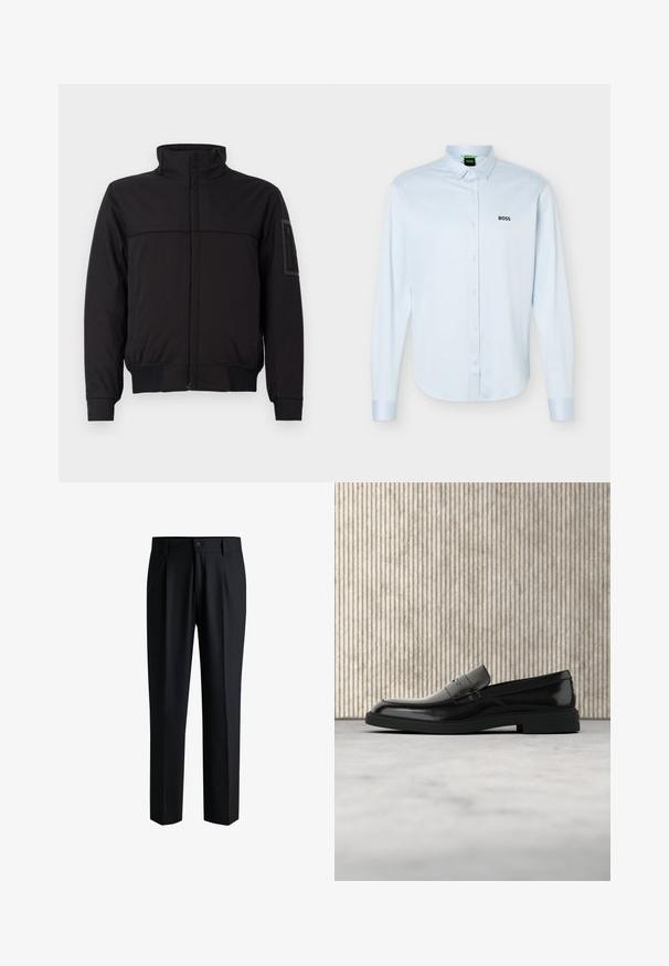 Schwarze Jacke mit hohem Kragen, kontrastierendem oberen Bereich, elastischen Bündchen und Saum sowie einer Reißverschlusstasche am Ärmel. Glatte Stofftextur.; Hellblaues langärmliges Hemd mit Knopfleiste und Kragen, schwarzem "BOSS"-Logo auf der linken Brust und geknöpften Manschetten.; Schwarze Hose aus glattem Stoff, mit geradem Bein-Design, Falten vorne und einem Knopfverschluss mit Gürtelschlaufen.; Schwarzer, polierter Lederloafer, der über einem beigen Teppich schwebt, mit orangener, durchscheinender Möbel im Hintergrund.
