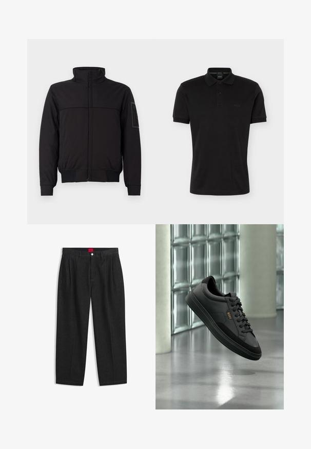 Schwarze Jacke mit hohem Kragen, kontrastierendem oberen Bereich, elastischen Bündchen und Saum sowie einer Reißverschlusstasche am Ärmel. Glatte Stofftextur.; Schwarzes Polohemd mit kurzen Ärmeln, Kragen und zwei Knöpfen, mit dezentem BOSS-Logo auf der Brust, auf einfarbigem Hintergrund präsentiert.; Schwarze Hose mit hoher Taille, vorderen Falten, Gürtelschlaufen, Knopf- und Reißverschluss sowie einem roten Etikett innen am Bund.; Schwarzer Leder-Sneaker im Low-Top-Stil mit schwarzen Schnürsenkeln und goldenem "BOSS"-Logo, in der Luft vor einer Glasbausteinwand und grauem Boden gezeigt.