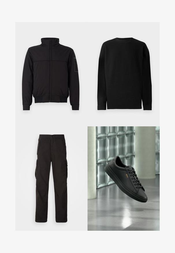 Chaqueta negra con cuello alto, panel superior en contraste, puños y dobladillo elásticos, y un bolsillo con cremallera en la manga. Textura de tejido suave.; Suéter negro de manga larga hecho de material acanalado. Presenta un cuello redondo y un dobladillo recto con puños ajustados. Diseño simple y de color sólido.; Pantalones cargo negros con corte recto, cinturilla elástica, múltiples bolsillos laterales y una tela texturizada para mayor durabilidad.; Zapatilla baja de piel negra con cordones negros y logo dorado BOSS en el lateral, flotando sobre un suelo gris brillante en un espacio interior moderno.