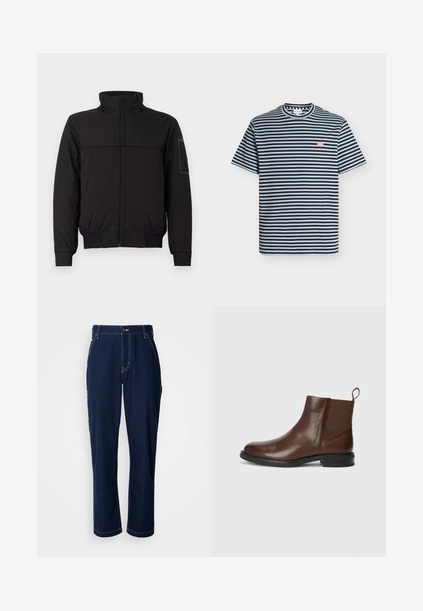Schwarze Jacke mit hohem Kragen, kontrastierendem oberen Bereich, elastischen Bündchen und Saum sowie einer Reißverschlusstasche am Ärmel. Glatte Stofftextur.; Kurzärmeliges T-Shirt mit horizontalen schwarzen und hellblauen Streifen und kleinem pinkfarbenem, gesticktem Krokodil-Logo auf der Brust.; Dunkelblaue Jeanshose mit geradem Schnitt, verstärkten Nähten und Seitentaschen. Verfügt über einen Knopfverschluss und eine leichte Textur.; Braune Lederstiefelette mit elastischen seitlichen Einsätzen, runder Zehenform und niedrigem schwarzen Absatz. Verfügt über eine Zuglasche für einfaches An- und Ausziehen.