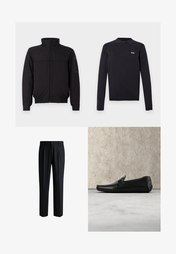 Chaqueta negra con cuello alto, panel superior en contraste, puños y dobladillo elásticos, y un bolsillo con cremallera en la manga. Textura de tejido suave.; Polo de manga larga negro hecho de tela de punto. Cuenta con un cuello con media cremallera, ajuste slim y un pequeño logo blanco en el pecho.; Pantalones negros de tela suave, con un diseño de pierna recta, pliegues en la parte delantera y cierre de botón con trabillas para cinturón.; Mocasines de cuero negro con un acabado brillante, punta redonda y herrajes decorativos en la parte delantera. Suela de goma de bajo perfil. Textura suave.