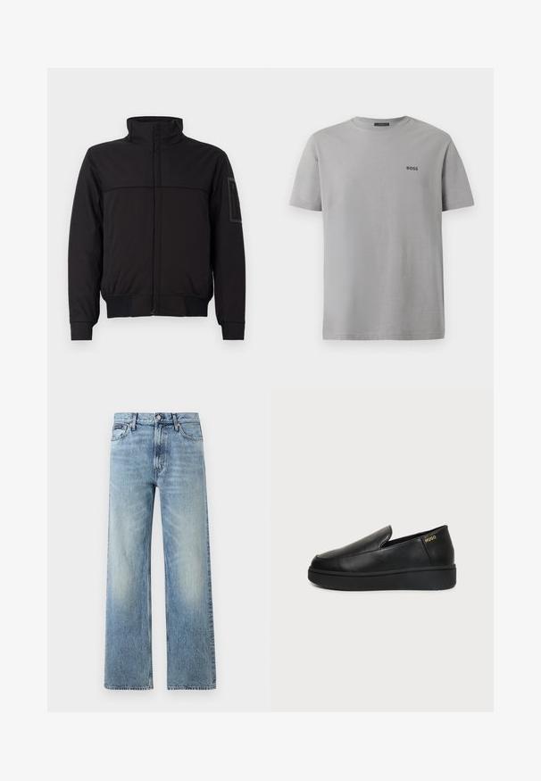 Chaqueta negra con cuello alto, panel superior en contraste, puños y dobladillo elásticos, y un bolsillo con cremallera en la manga. Textura de tejido suave.; Camiseta de algodón gris con mangas cortas, cuello redondo y un pequeño logo negro "BOSS" en el lado izquierdo del pecho. Textura suave, diseño simple.; Vaqueros de mezclilla azul claro de corte recto con cintura alta, cinco bolsillos, cierre de botón y sutil desgaste en los muslos y las rodillas.; Zapato de cuero negro tipo slip-on con suela gruesa y pequeños orificios de ventilación laterales, con el logo dorado de "HUGO" cerca del talón.