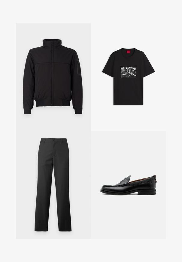 Sort jakke med høj krave, kontrasterende overpanel, elastiske manchetter og kant, samt en lynlåslomme på ærmet. Glat stofstruktur.; Sort t-shirt med et sort-hvidt print af et bilrat og instrumentbræt, og "HUGO" tekst over billedet.; Samsøe Samsøe SAJOHNNY TROUSERS - Bukser - turkish coffee; Sort læder herre loafer med moc-tå syning, penny strop, struktureret krave og lav stablet hæl på hvid baggrund.