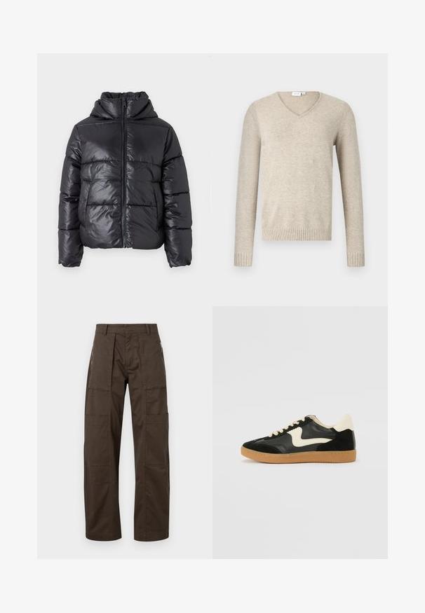 Sort dunjakke med en blank finish, lynlåslukning foran og høj krave. Har lodrette quiltede mønstre og elastiske manchetter.; Beige V-hals sweater lavet af blødt materiale med lange ærmer og ribbede manchetter. Har et enkelt design uden mønstre eller udsmykninger.; Brune cargo bukser lavet af holdbart stof med flere lommer, en afslappet pasform og fremtrædende syninger for øget holdbarhed.; Sorte ruskinds- og lædersneakers med en cremefarvet side-swoosh og lys cremefarvet hæl. Har beige snørebånd og en gummirubber-sål.