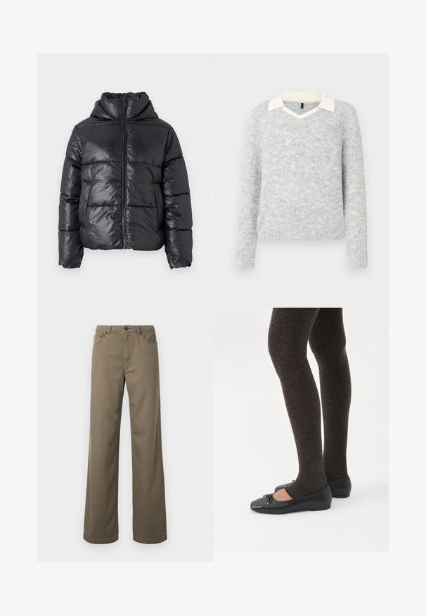 Doudoune noire avec une finition brillante, fermeture éclair à l'avant et col montant. Présente un motif matelassé horizontal et des poignets élastiques.; Pull en tricot gris clair à manches longues avec détails d'un col V blanc, ourlets et poignets côtelés, présenté sur un fond blanc.; Pantalon à jambes larges en coton vert olive, doté d'une fermeture à boutons, de passants pour ceinture, et d'un design à cinq poches avec une texture lisse et durable.; Jambes portant des leggings côtelés foncés associés à des ballerines noires avec de petits détails en nœud sur fond blanc.