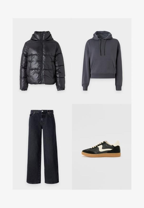 Sort dunjakke med en blank finish, lynlåslukning foran og høj krave. Har lodrette quiltede mønstre og elastiske manchetter.; Grå cropped hoodie lavet af blødt materiale, med en frontlomme, justerbare snore og ribbede manchetter.; Vero Moda Petite VMREMY MR WIDE - Wide leg - black denim; Sorte ruskinds- og lædersneakers med en cremefarvet side-swoosh og lys cremefarvet hæl. Har beige snørebånd og en gummirubber-sål.