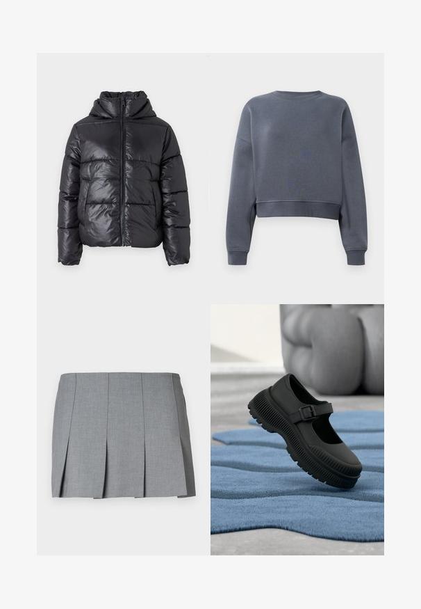 Doudoune noire avec une finition brillante, fermeture éclair à l'avant et col montant. Présente un motif matelassé horizontal et des poignets élastiques.; Sweatshirt gris court en tissu doux avec un col rond, des poignets côtelés et un motif texturé léger sur le devant.; Jupe plissée grise avec une texture lisse, un design structuré et une taille ajustée. Fabriquée en tissu léger avec un motif subtile.; Chaussure noire style Mary Jane avec semelle épaisse nervurée et bride à boucle, reposant sur un tapis bleu texturé avec arrière-plan flou.